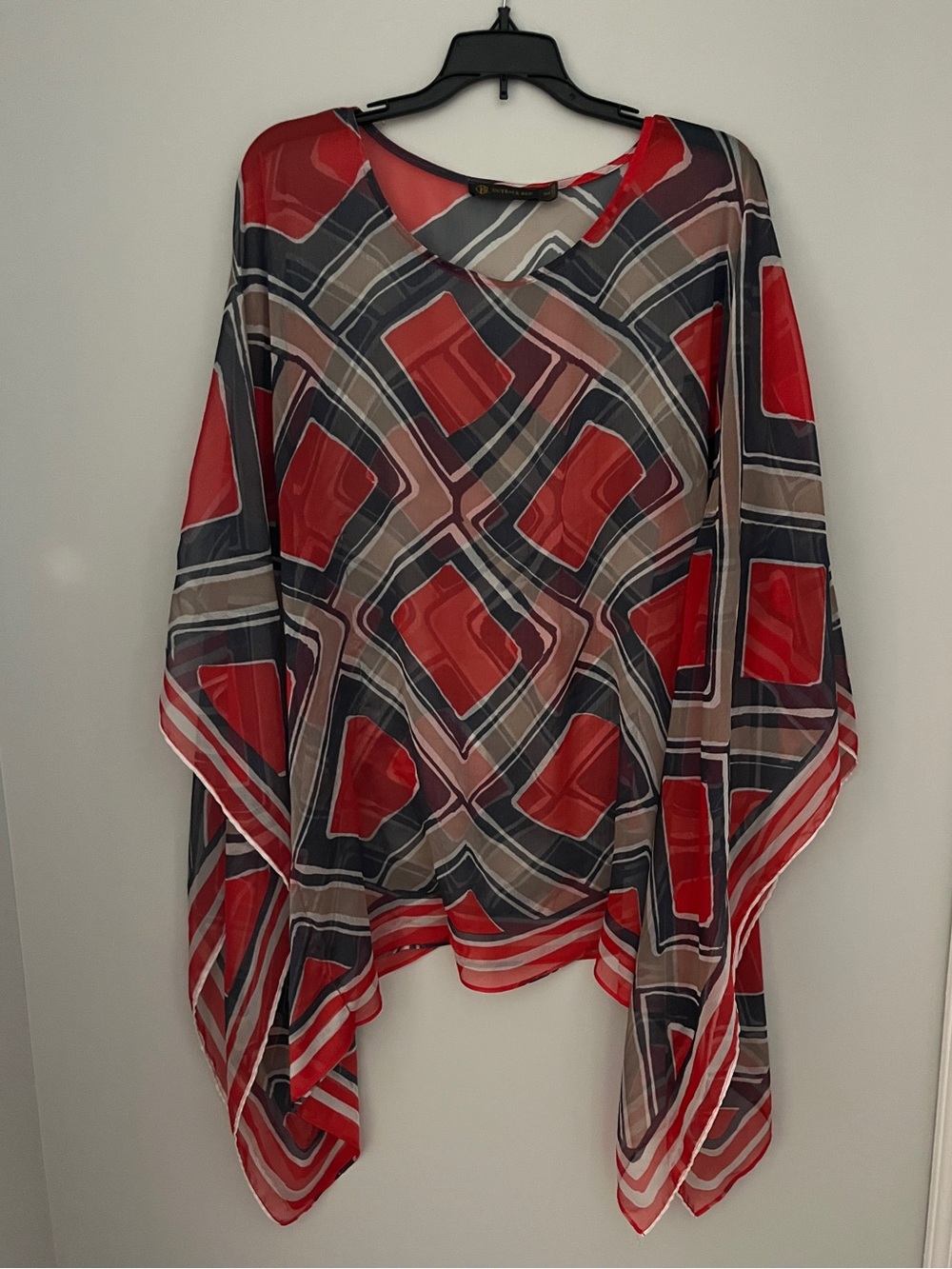 Outback Red Sheer Geometric Blouse in Orange, Navy and Tan